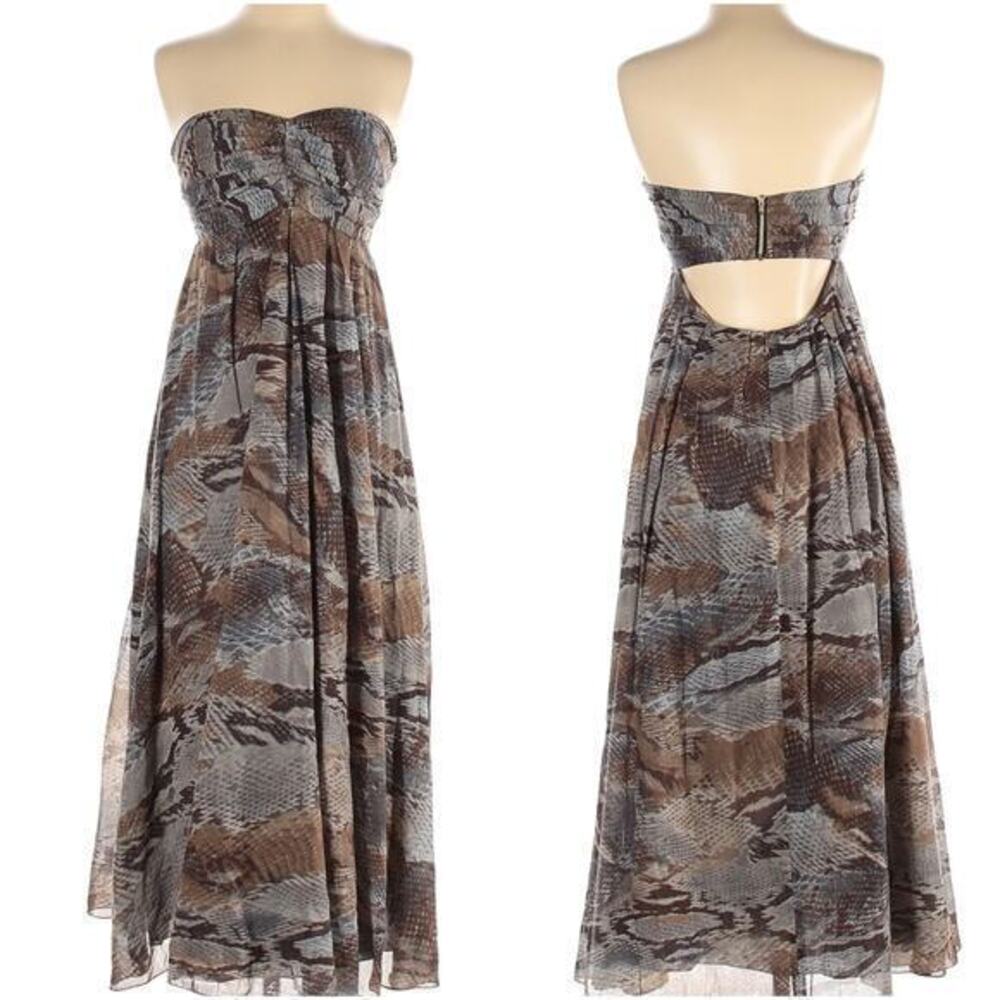 L’AGENCE Long Midi Dress Size 4 Strapless Snakeskin Python Print Gray Brown